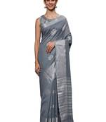 Grey Woven Silk Blend Saree With Blouse