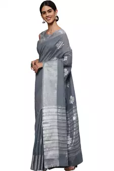 Grey Woven Silk Blend Saree With Blouse