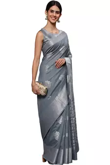 Grey Woven Silk Blend Saree With Blouse