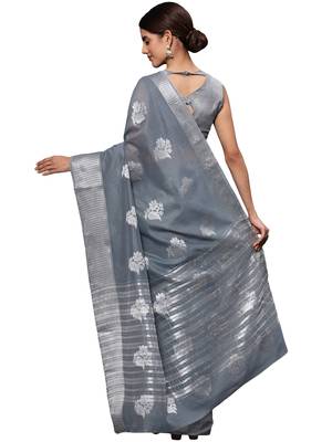 Grey Woven Silk Blend Saree With Blouse 4