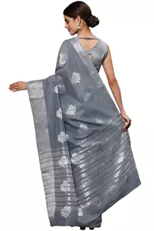 Grey Woven Silk Blend Saree With Blouse