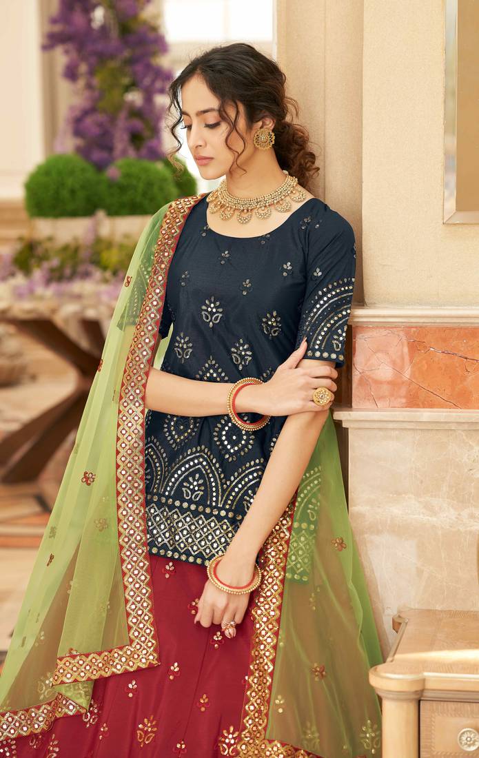 Red & Black Embroidered Thread Work Semi Stitched Lehenga & Unstitched Blouse With Dupatta