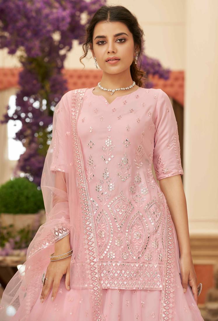 SHUBHKALA Pink Embroidered Thread Work Semi Stitched Lehenga & Unstitched Blouse With Dupatta
