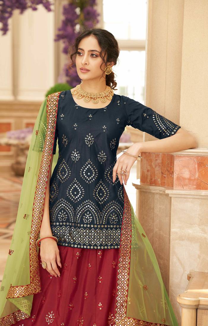 Red & Black Embroidered Thread Work Semi Stitched Lehenga & Unstitched Blouse With Dupatta