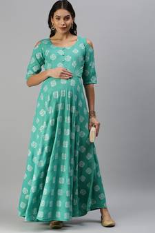 Teal woven viscose rayon maxi-dresses
