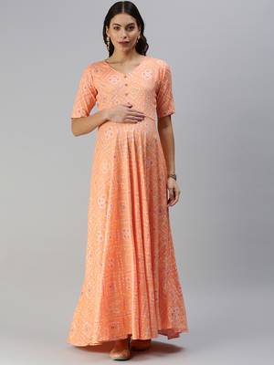 Orange woven viscose rayon maxi-dresses 1
