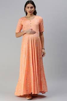Orange woven viscose rayon maxi-dresses