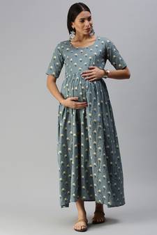 Grey woven blended cotton maxi-dresses