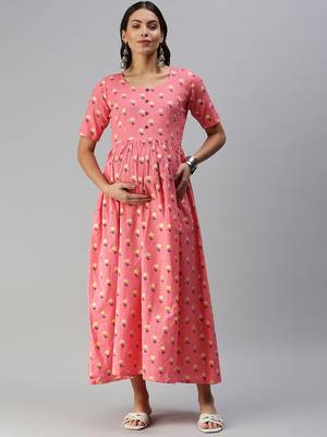 Pink woven blended cotton maxi-dresses 1