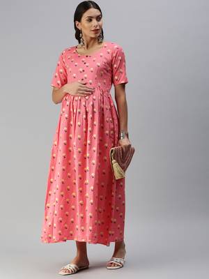 Pink woven blended cotton maxi-dresses 4