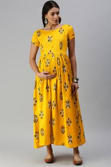 Mustard woven blended cotton maxi-dresses