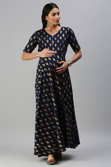 Navy-blue woven viscose rayon maxi-dresses