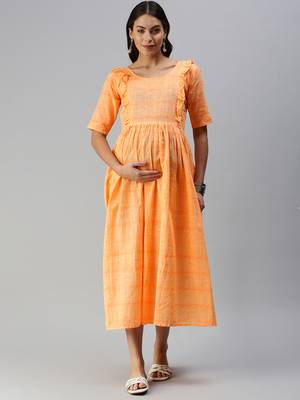 Orange woven blended cotton maxi-dresses 1