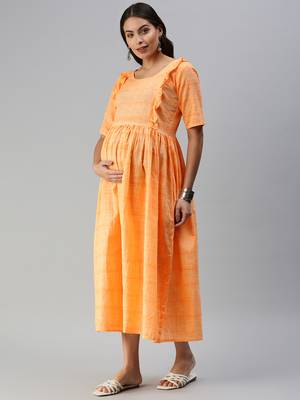 Orange woven blended cotton maxi-dresses 3