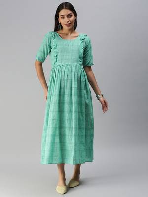 Teal woven blended cotton maxi-dresses 1