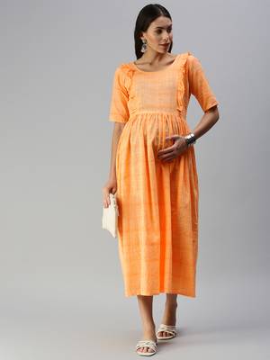 Orange woven blended cotton maxi-dresses 4