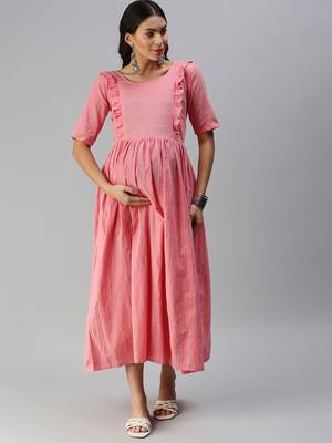 Pink woven blended cotton maxi-dresses 1