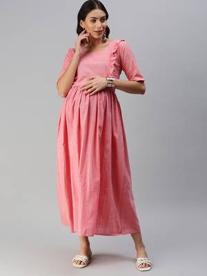 Pink woven blended cotton maxi-dresses 3