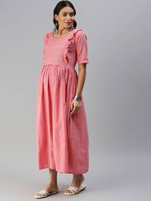 Pink woven blended cotton maxi-dresses 4
