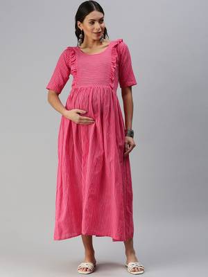 Pink woven blended cotton maxi-dresses 1
