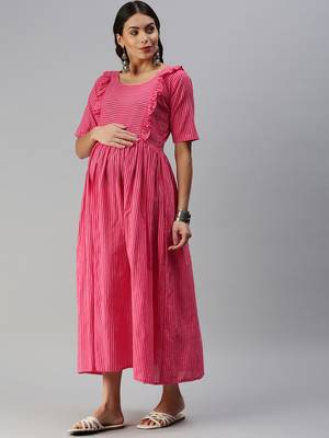 Pink woven blended cotton maxi-dresses 3