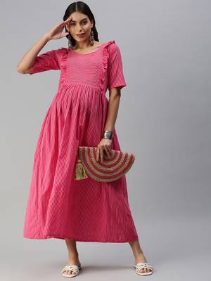 Pink woven blended cotton maxi-dresses 4