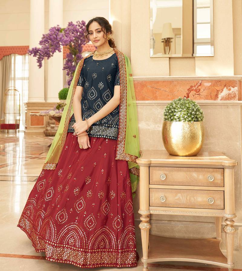 Red & Black Embroidered Thread Work Semi Stitched Lehenga & Unstitched Blouse With Dupatta