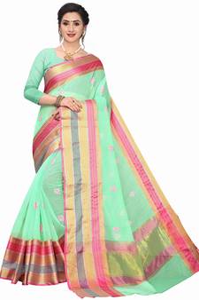 Green woven cotton silk saree with blouse