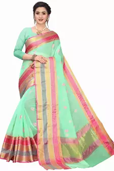 Green woven cotton silk saree with blouse