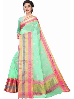 Green woven cotton silk saree with blouse 2