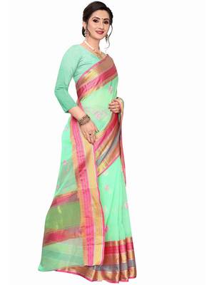 Green woven cotton silk saree with blouse 3