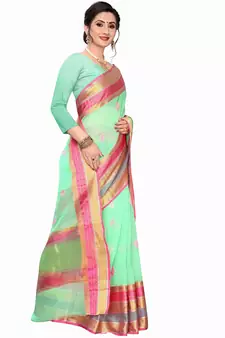 Green woven cotton silk saree with blouse