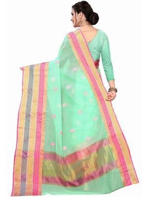 Green woven cotton silk saree with blouse 4