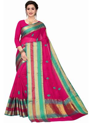 Pink Woven Cotton Silk Saree With Blouse 1