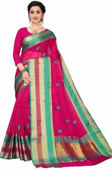 Pink Woven Cotton Silk Saree With Blouse