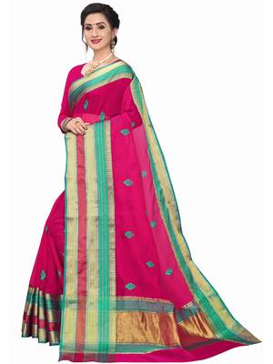 Pink Woven Cotton Silk Saree With Blouse 2