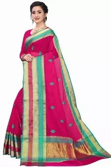 Pink Woven Cotton Silk Saree With Blouse
