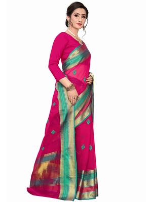Pink Woven Cotton Silk Saree With Blouse 3
