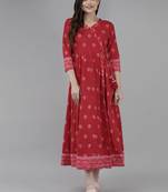 Red printed cotton long-dresses