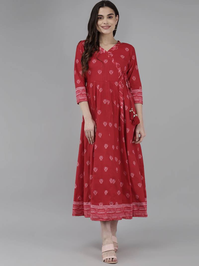 Red printed cotton long-dresses
