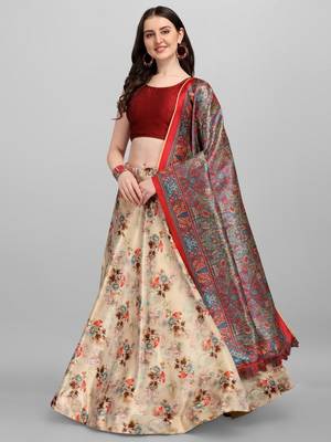 Biege printed work Lehenga Choli With Un-Stitched Blouse with dupatta 1