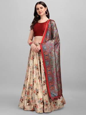 Biege printed work Lehenga Choli With Un-Stitched Blouse with dupatta 3