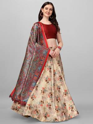 Biege printed work Lehenga Choli With Un-Stitched Blouse with dupatta 4