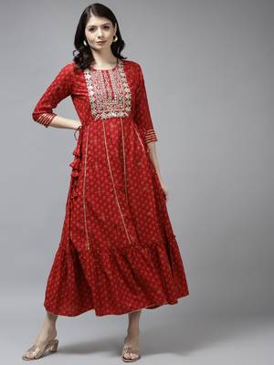 Red printed viscose rayon long-dresses 2