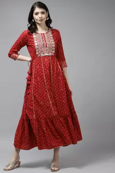Red printed viscose rayon long-dresses
