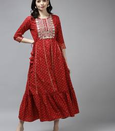 Red printed viscose rayon long-dresses