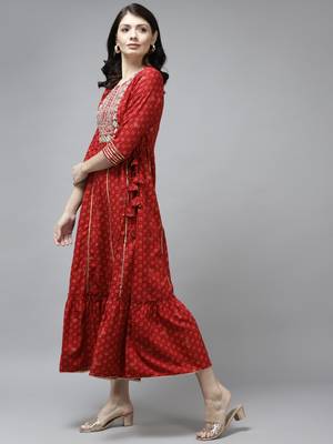 Red printed viscose rayon long-dresses 3