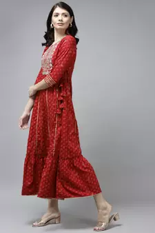 Red printed viscose rayon long-dresses