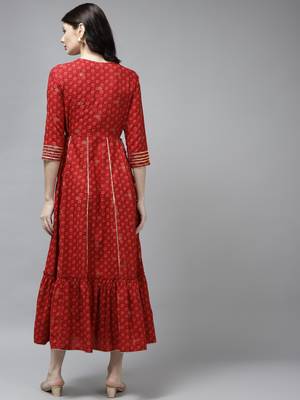 Red printed viscose rayon long-dresses 4