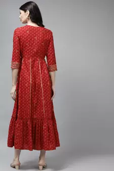 Red printed viscose rayon long-dresses